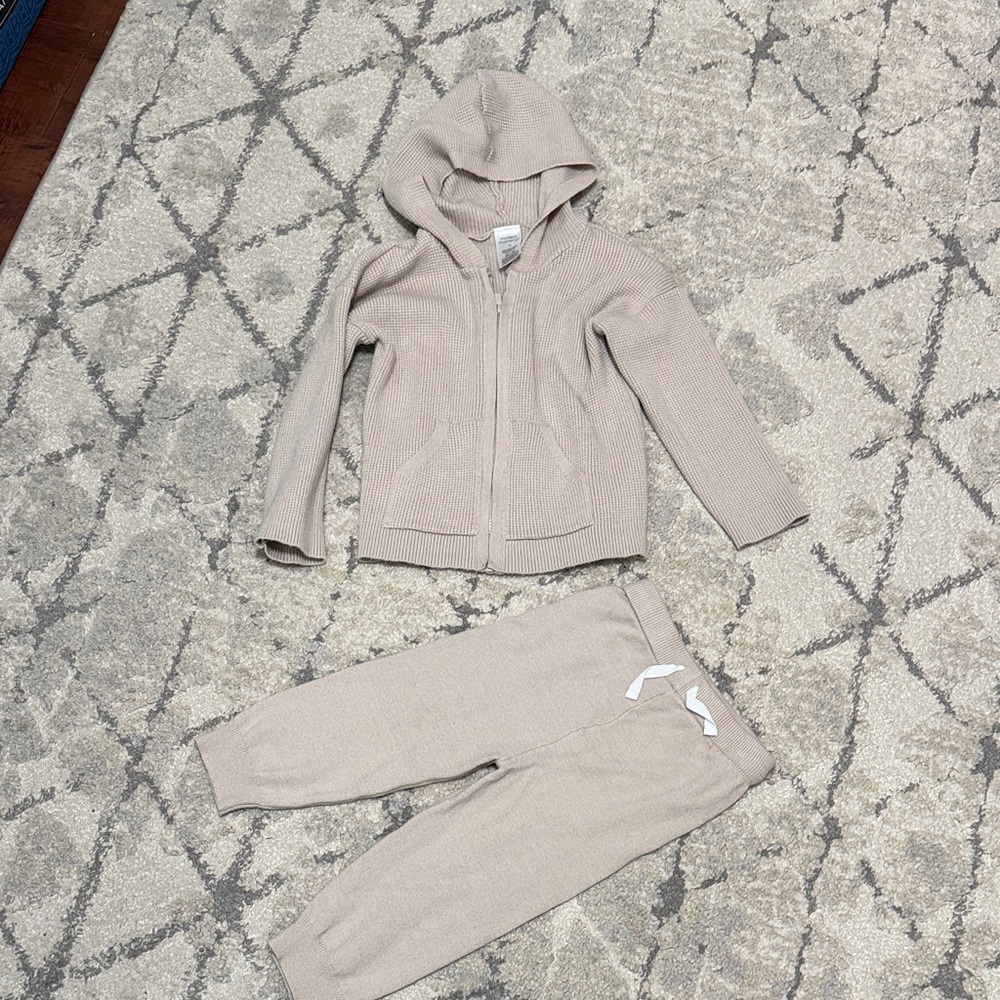 Kids Neutral Knit Zip Hoodie & Joggers Set - Beige